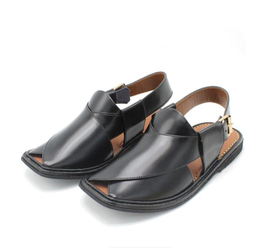 Handmade Black Leather Peshawari Chappal for Men – Traditional Classic Footwear
