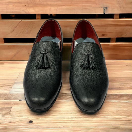 Premium Black Leather Tassel Loafers for Men – Stylish Slip-On Dress Shoes