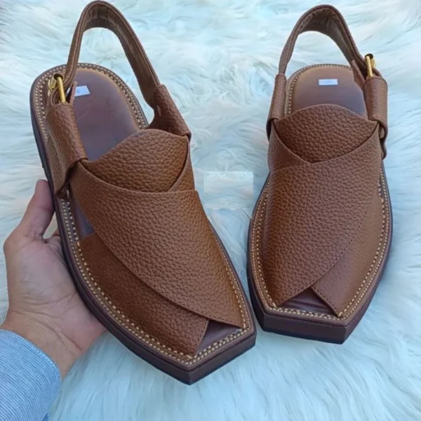 Premium Kaptaan Chappal – Brown Dotted Leather